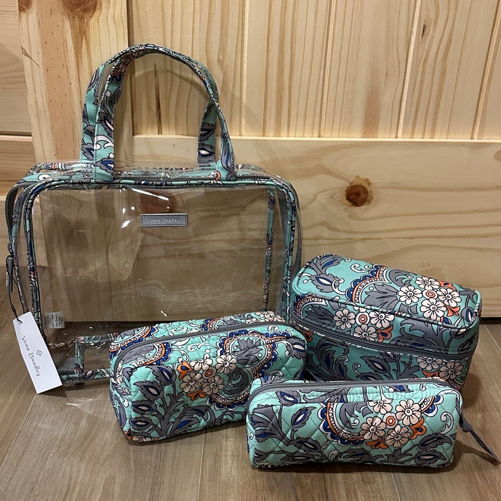 Vera Bradley 4 pc NWT Paisley Cosmetic Bag Set - Teal and Gray